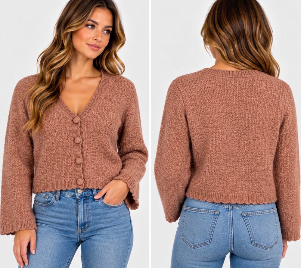 Lush Women’s Small Mauve Cropped Cardigan Textured Knit Bell Sleeve NWT